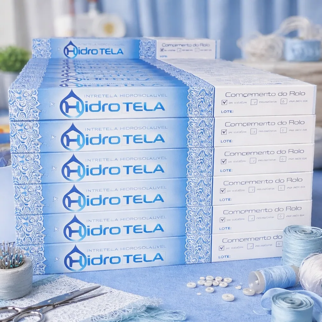 Pilha de caixas da Hidrotela com o rótulo visível, entre linhas e tesoura de costura