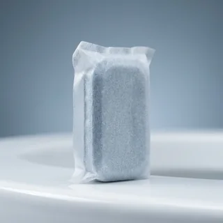 Bloco sanitário embalado em filme texturizado solúvel, sobre superfície cerâmica