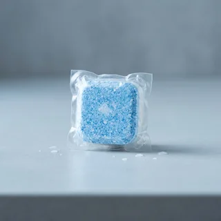 Pastilha de lava-louças dentro de um sachê de filme solúvel