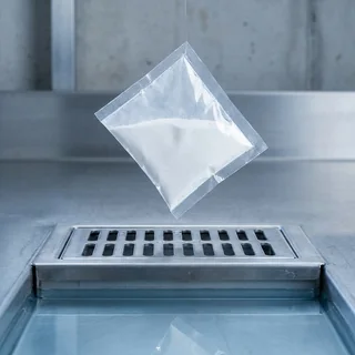 Sachê monodose de pó de tratamento acima de um ralo de aço inox