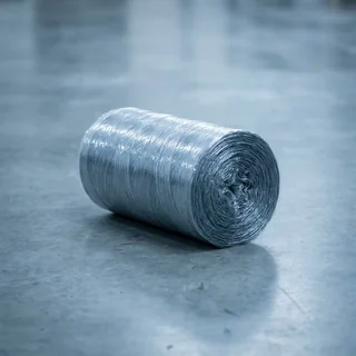 Feixe de macrofibra sintética embalado em filme, sobre piso industrial de concreto