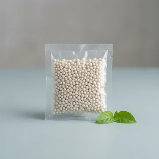 Sachê monodose com grânulos de fertilizante e uma folha verde ao lado