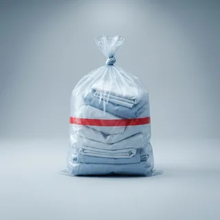 Saco hidrossolúvel fechado, com roupa dobrada dentro e faixa de sinalização